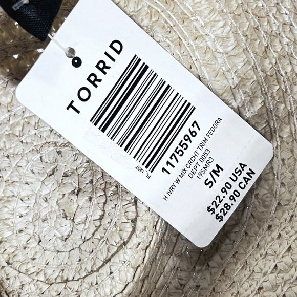 TORRID Tan Woven Hat S/M Crochet Trim Band Natural Sun Fedora Tags - Picture 7 of 7